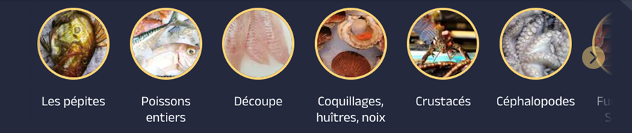 Catégorie du Book produits de l'application Mericq qui recense : poissons frais entiers, coquillages, crustacés, filets