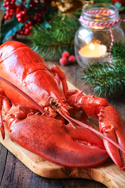 Homard américain sur une table, au menu des fêtes de Noël.